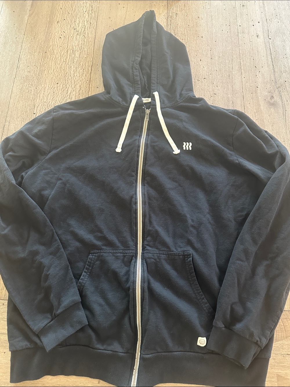Marine Layer Men's Black Zip-Up Hoodie with White Drawstrings